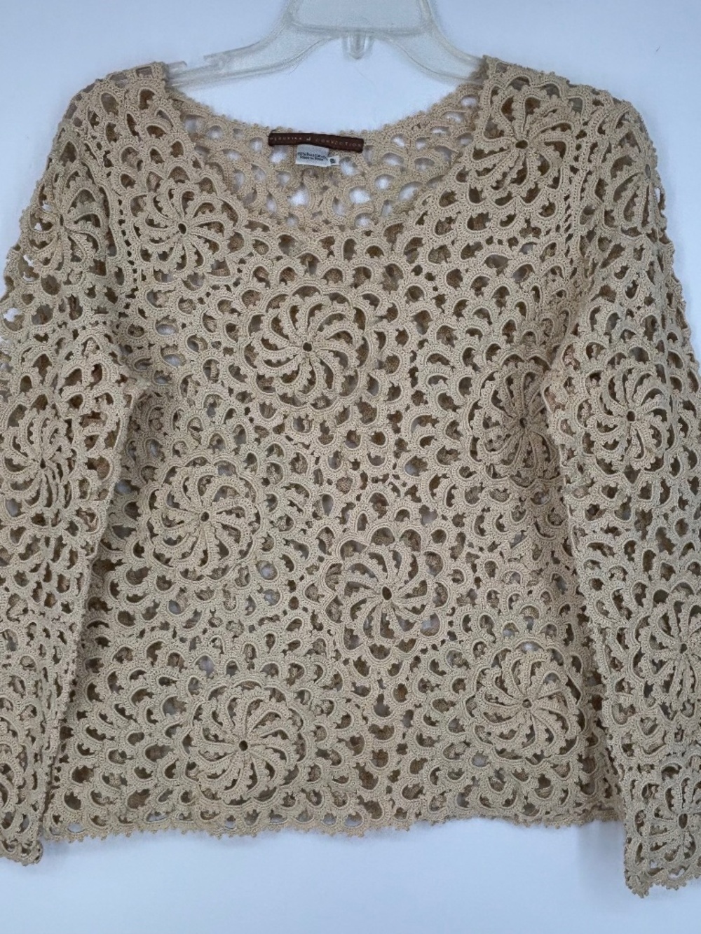 Peruvian Connection Womens PETITE Medium Crochet Top Sweater Beige Sheer Texture